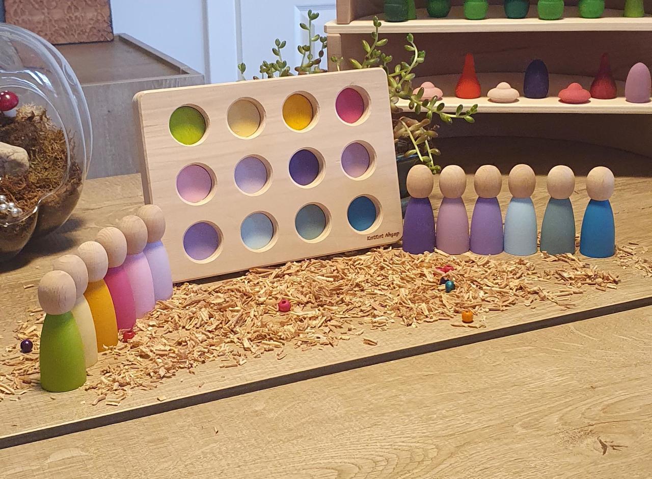 Waldorf Peg Bebekler için Tabla ve 12li Pegler Pastel Tonlar