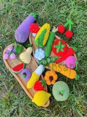 KırtKırt Ahşap | El Örgüsü Amigurumi Meyve Sebze Seti 20 Parça | Doğal ve Eğitici Oyuncak