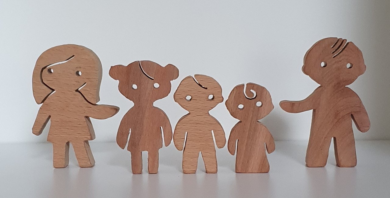 Aile Takımı 5'li Set Anne-Baba-3Çocuk Waldorf Doğal Ahşap