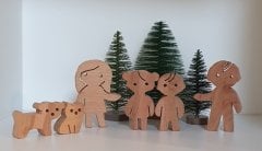 Aile Takımı 6'lı Set Anne-Baba-2Çocuk-Kedi-Köpek Waldorf Doğal Ahşap